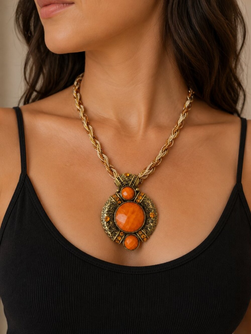 Statement Orange Pendant Necklace | Braided Multi-Tone Chain | 12”